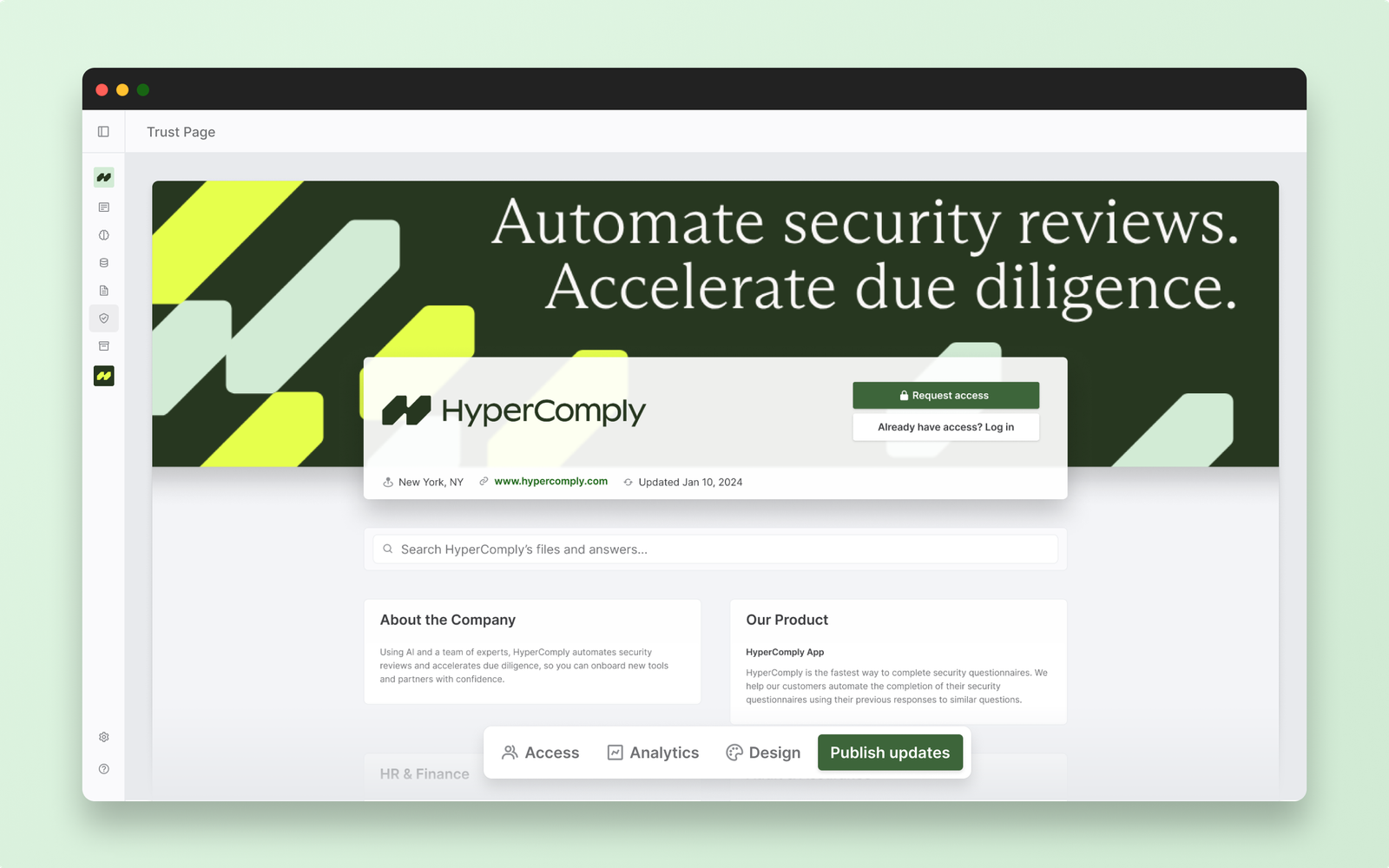 HyperComply Trust Page showing ability to download and request access to security documentation